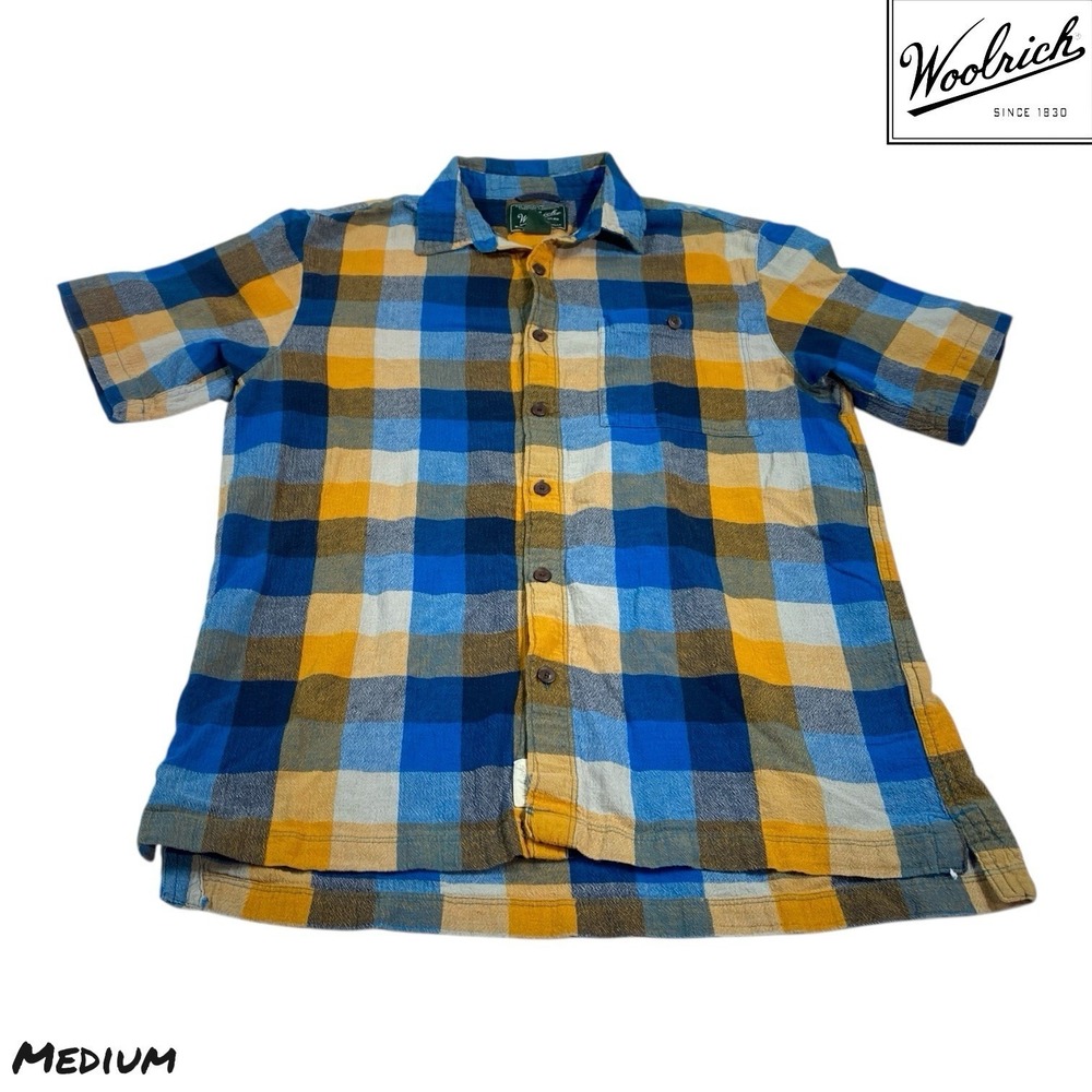 Woolrich Shirt Men's MEDIUM Blue Yellow Plaid Short Sleeve Button Up 100% Cotton